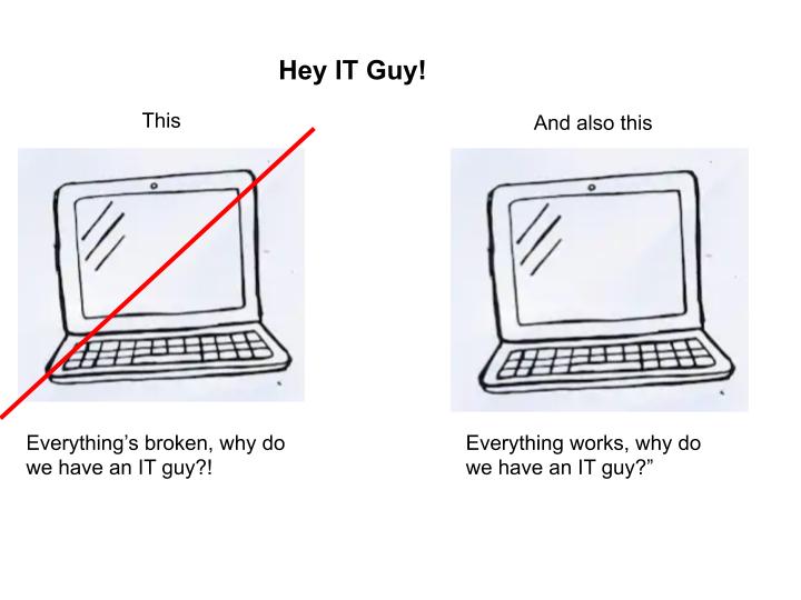 Hey IT Guy! image of broken computer with "everything is broken why do we pay an IT guy" and working computer with "everything is working why do we pay an IT guy"