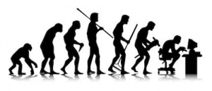 evolution of man to upright to hunched over at computer
