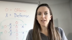 marnie stockman ceo of lifecycle insights is standing in front of a white board with x's and o's on offense and defense