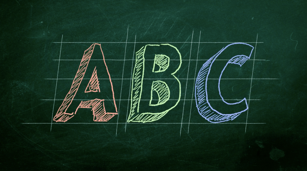 ABC written in chalk on a gridded blackboard